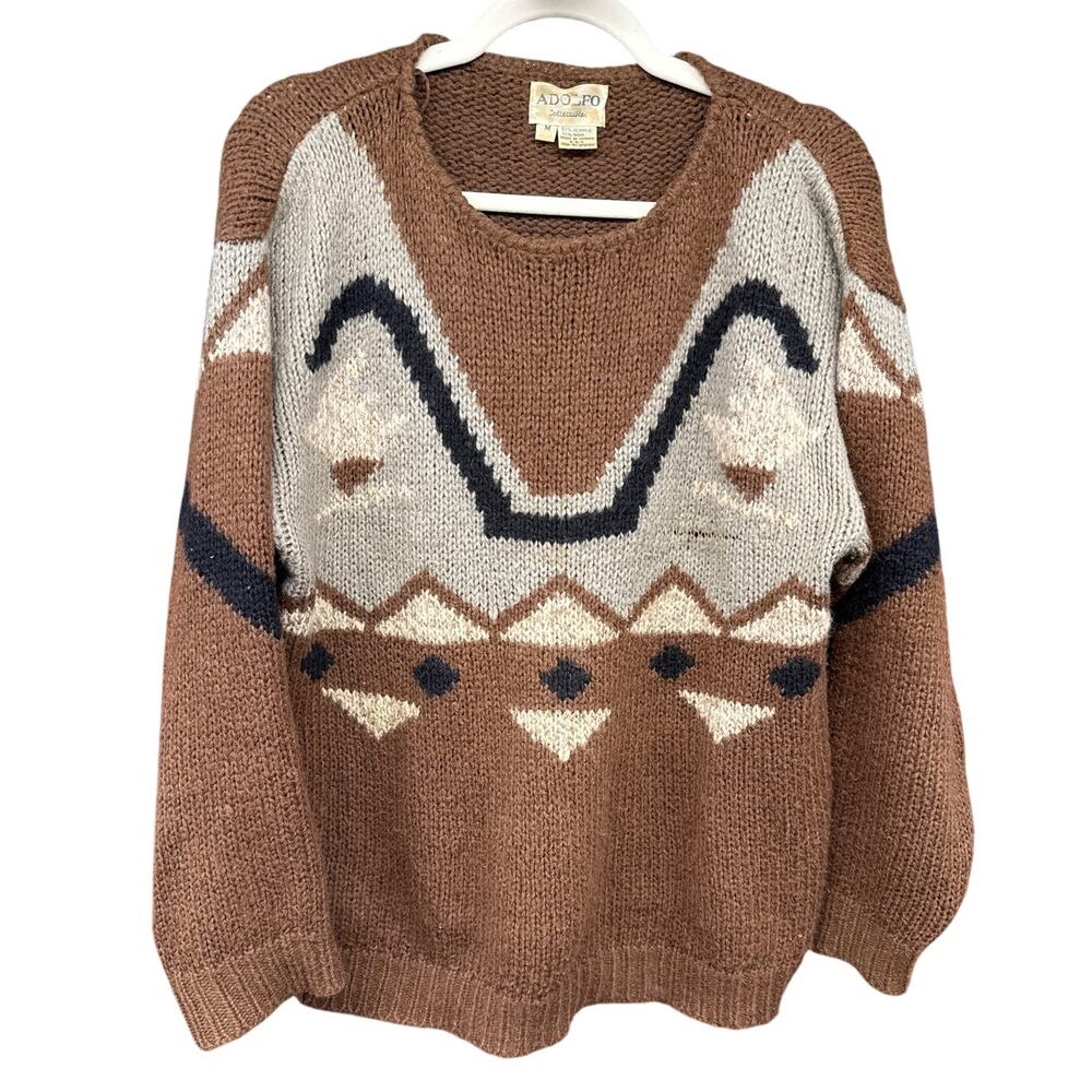 Vintage Adolfo Collectibles Medium Wool Brown Sweater Geometric